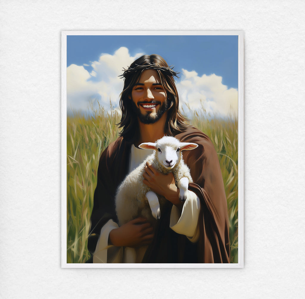 Jesus Holding Lamb Art, Good Shepherd Painting, Christ in Wheat Field, Digital Print
