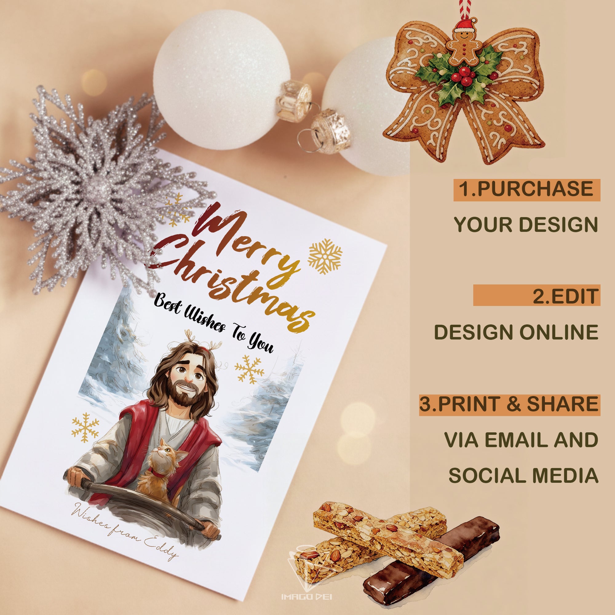 可编辑圣诞贺卡：圣诞老人来信、耶稣、气球和精灵的到来（可打印数字模板 0016）