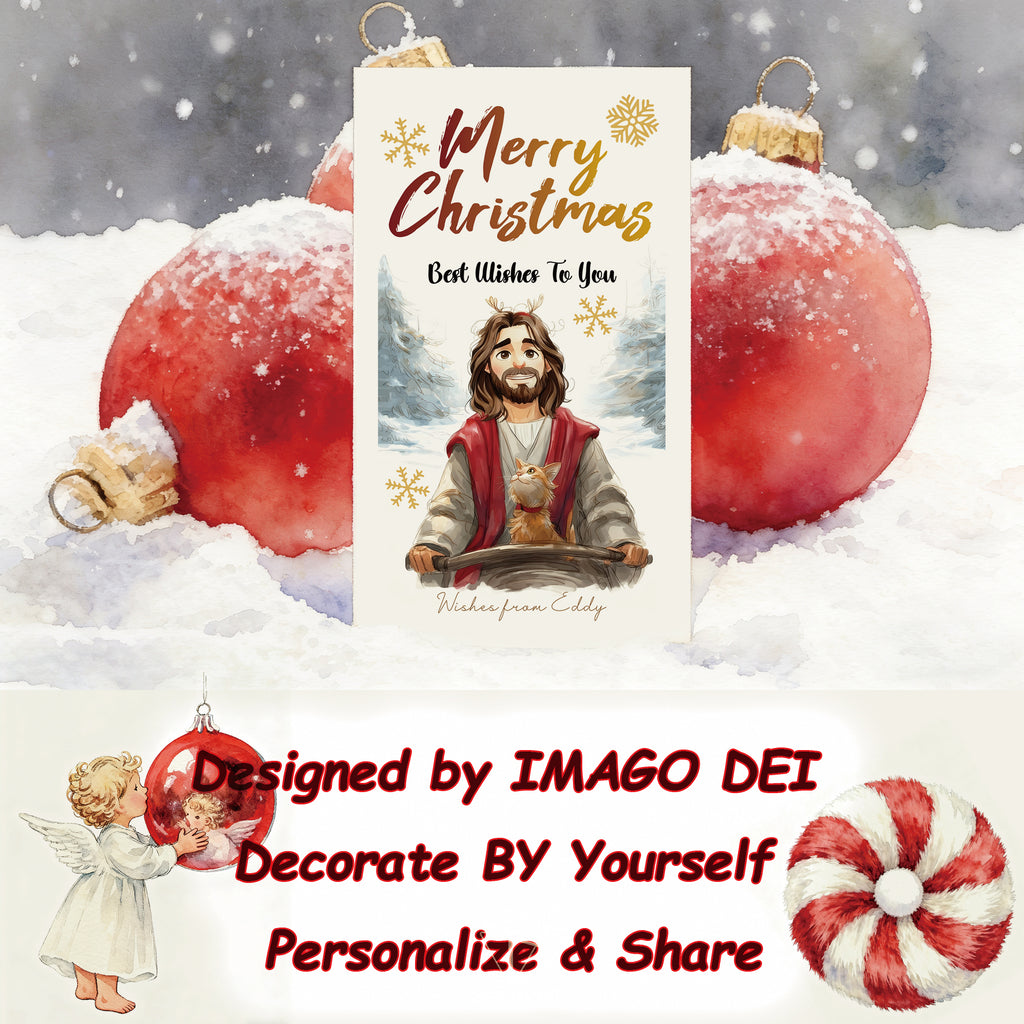 可编辑圣诞贺卡：圣诞老人来信、耶稣、气球和精灵的到来（可打印数字模板 0016）