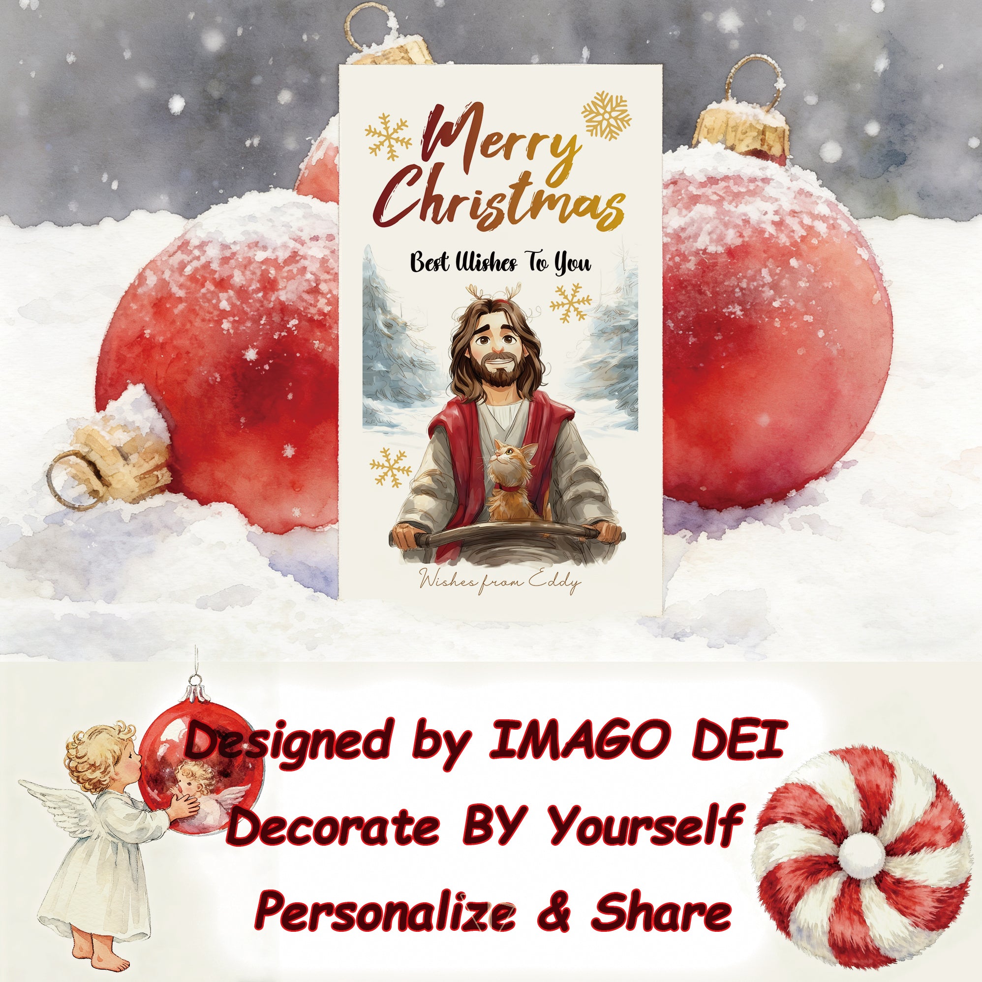 可编辑圣诞贺卡：圣诞老人来信、耶稣、气球和精灵的到来（可打印数字模板 0016）