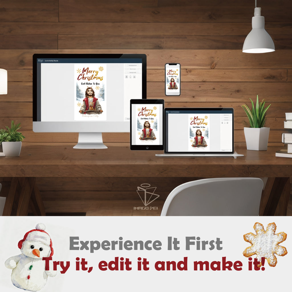 可编辑圣诞贺卡：圣诞老人来信、耶稣、气球和精灵的到来（可打印数字模板 0016）