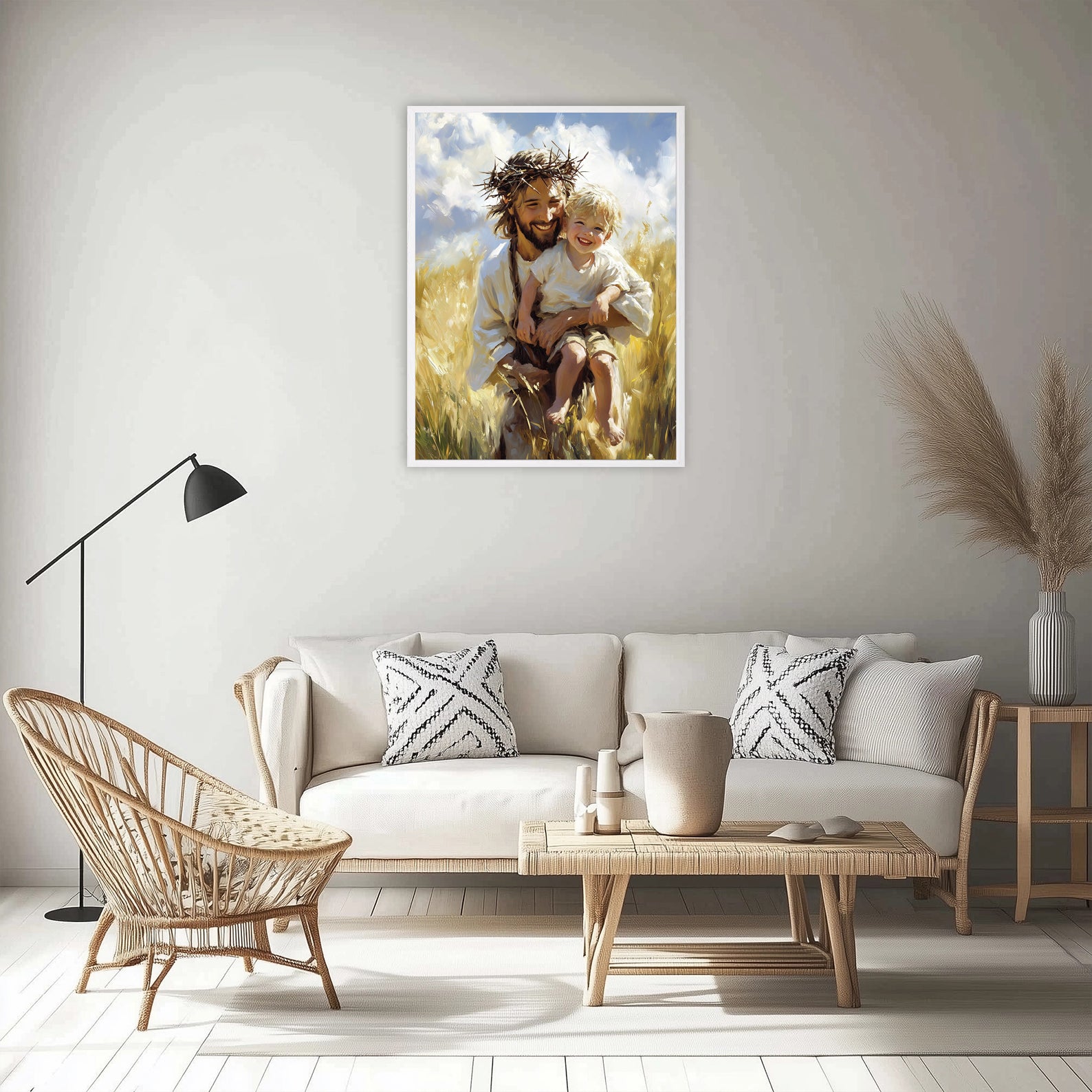 Jesus with Child Painting, Smiling Christ Wall Art, Wheat Field Decor, Christian Nursery Gift