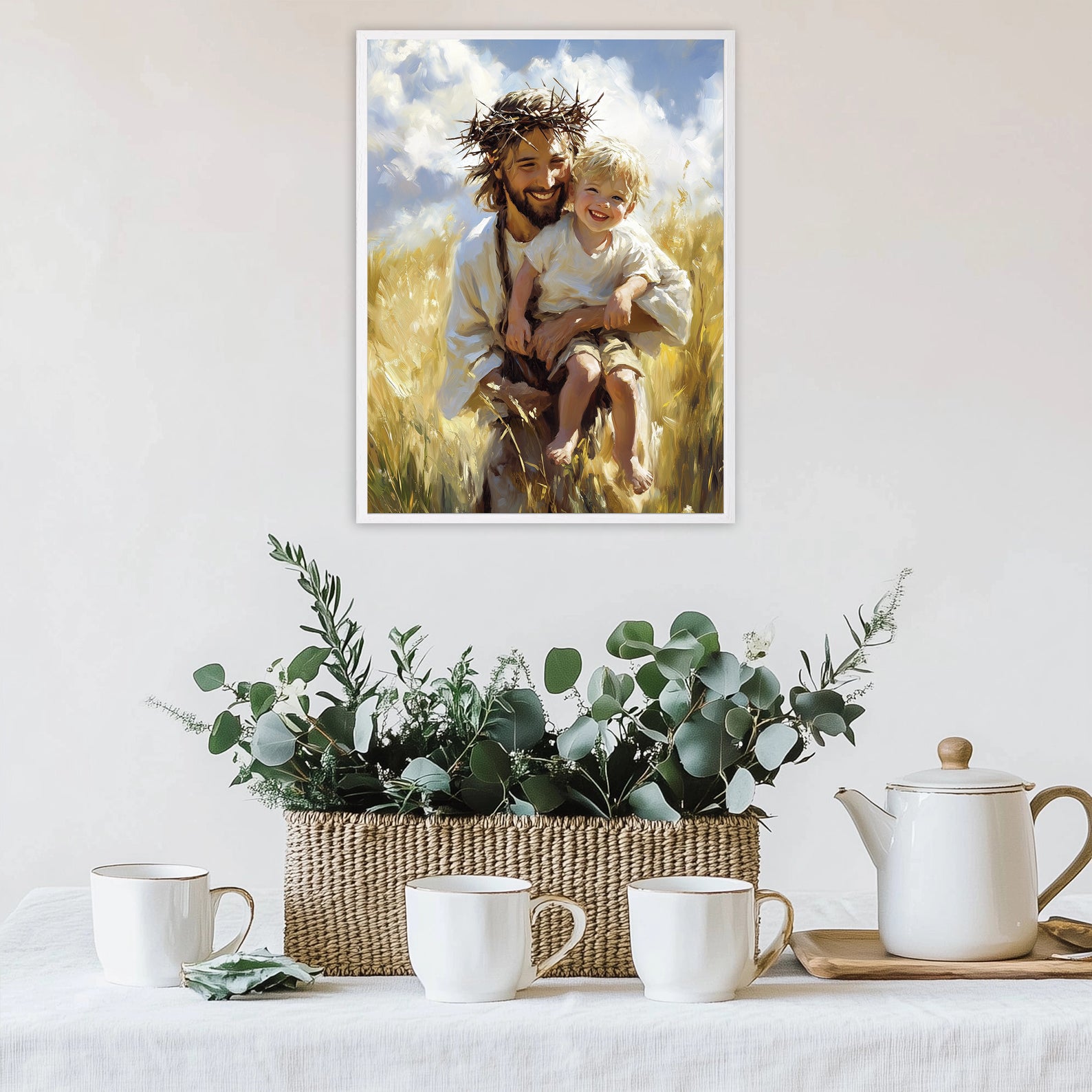 Jesus with Child Painting, Smiling Christ Wall Art, Wheat Field Decor, Christian Nursery Gift
