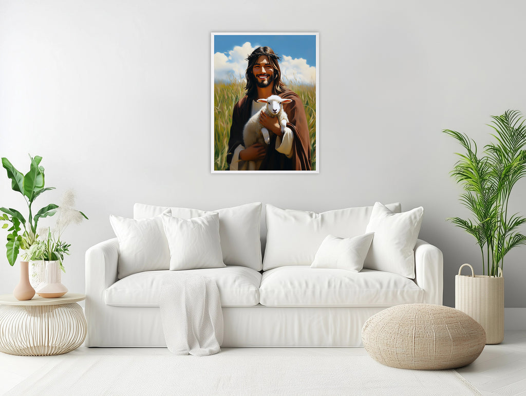 Jesus Holding Lamb Art, Good Shepherd Painting, Christ in Wheat Field, Digital Print
