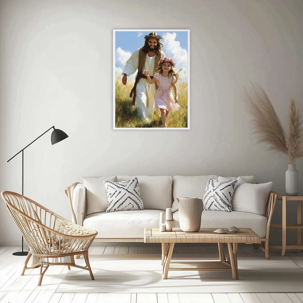 Jesus Walking with Little Girl Art, Smiling Christ Painting, Christian Daughter Gift, Digital Print