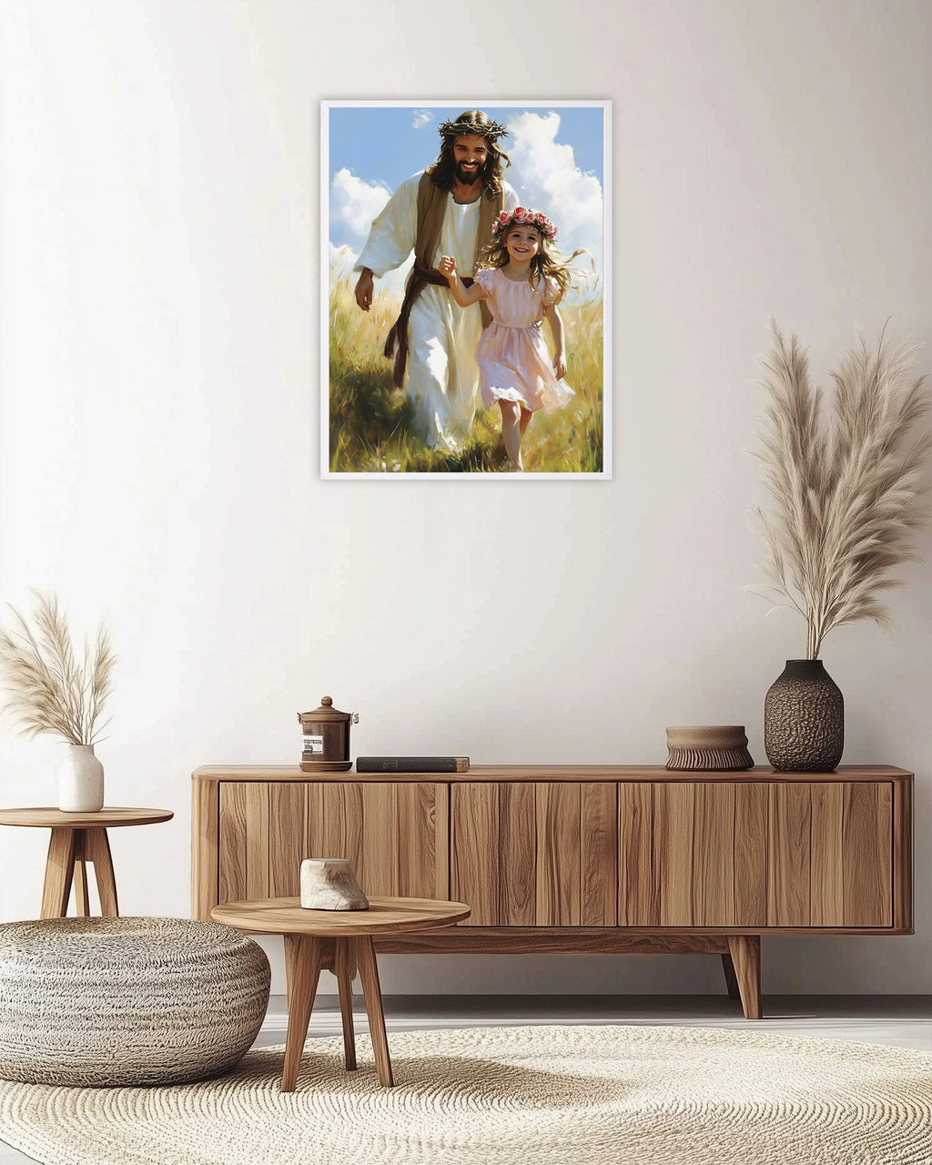 Jesus Walking with Little Girl Art, Smiling Christ Painting, Christian Daughter Gift, Digital Print