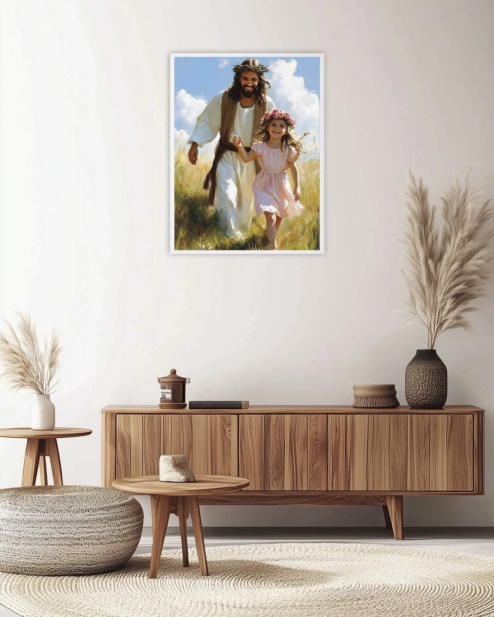 Jesus Walking with Little Girl Art, Smiling Christ Painting, Christian Daughter Gift, Digital Print