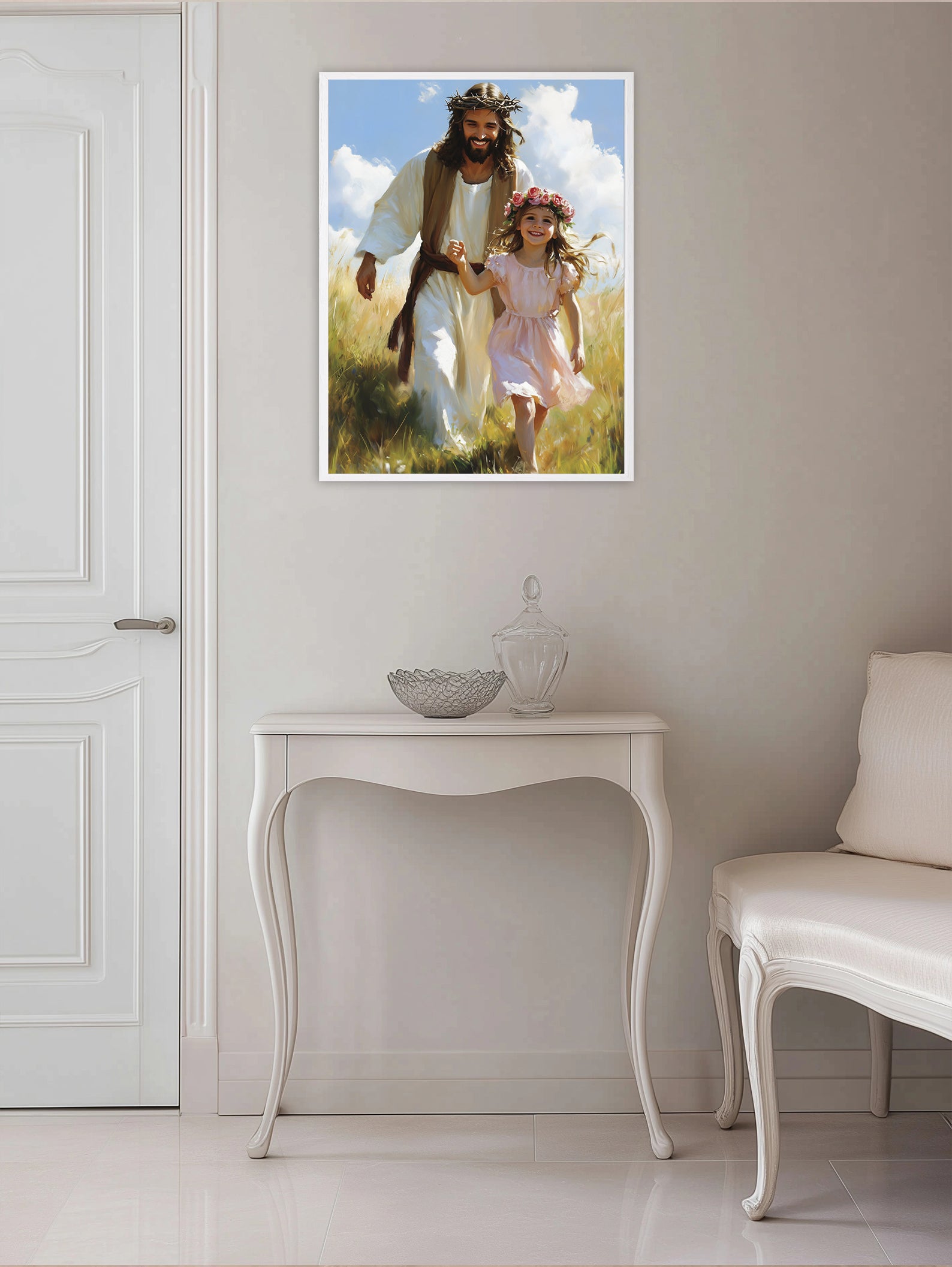 Jesus Walking with Little Girl Art, Smiling Christ Painting, Christian Daughter Gift, Digital Print
