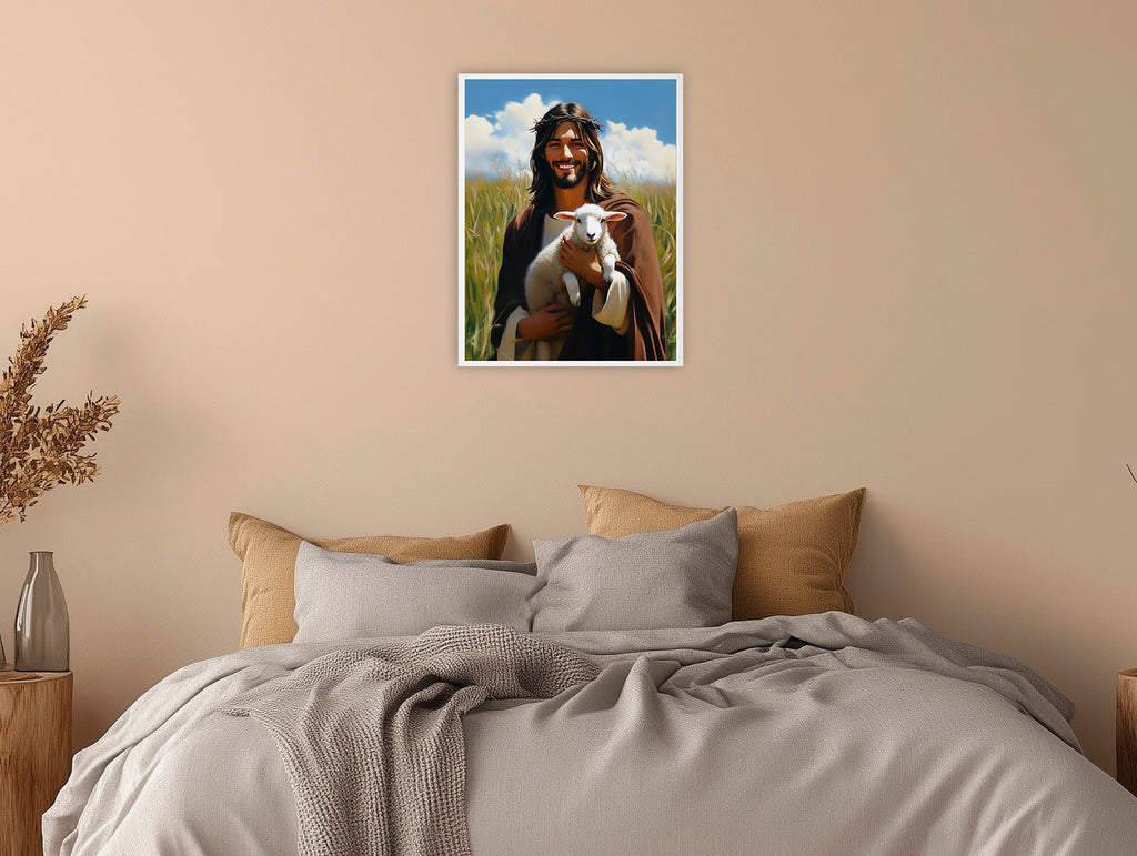 Jesus Holding Lamb Art, Good Shepherd Painting, Christ in Wheat Field, Digital Print
