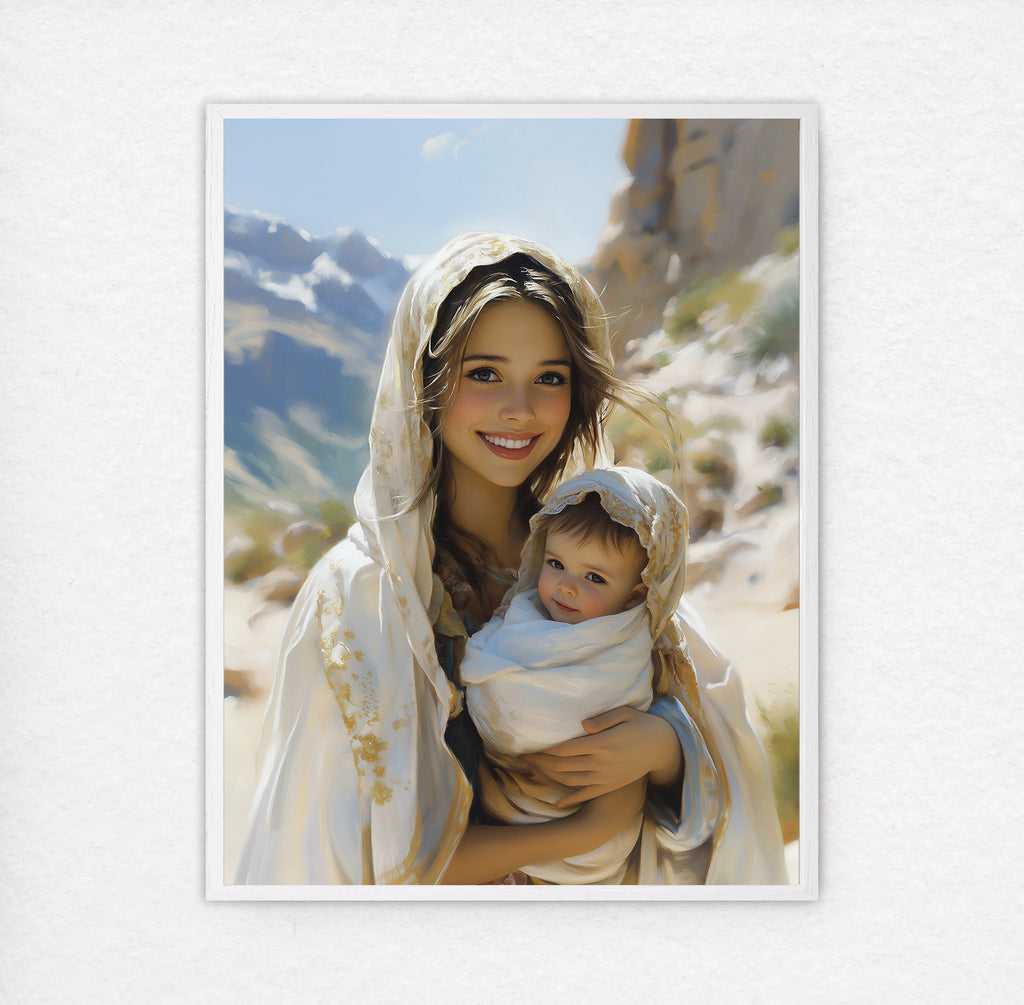 Smiling Virgin Mary with Baby Jesus Art, Catholic Mother Gift, Madonna Digital Print