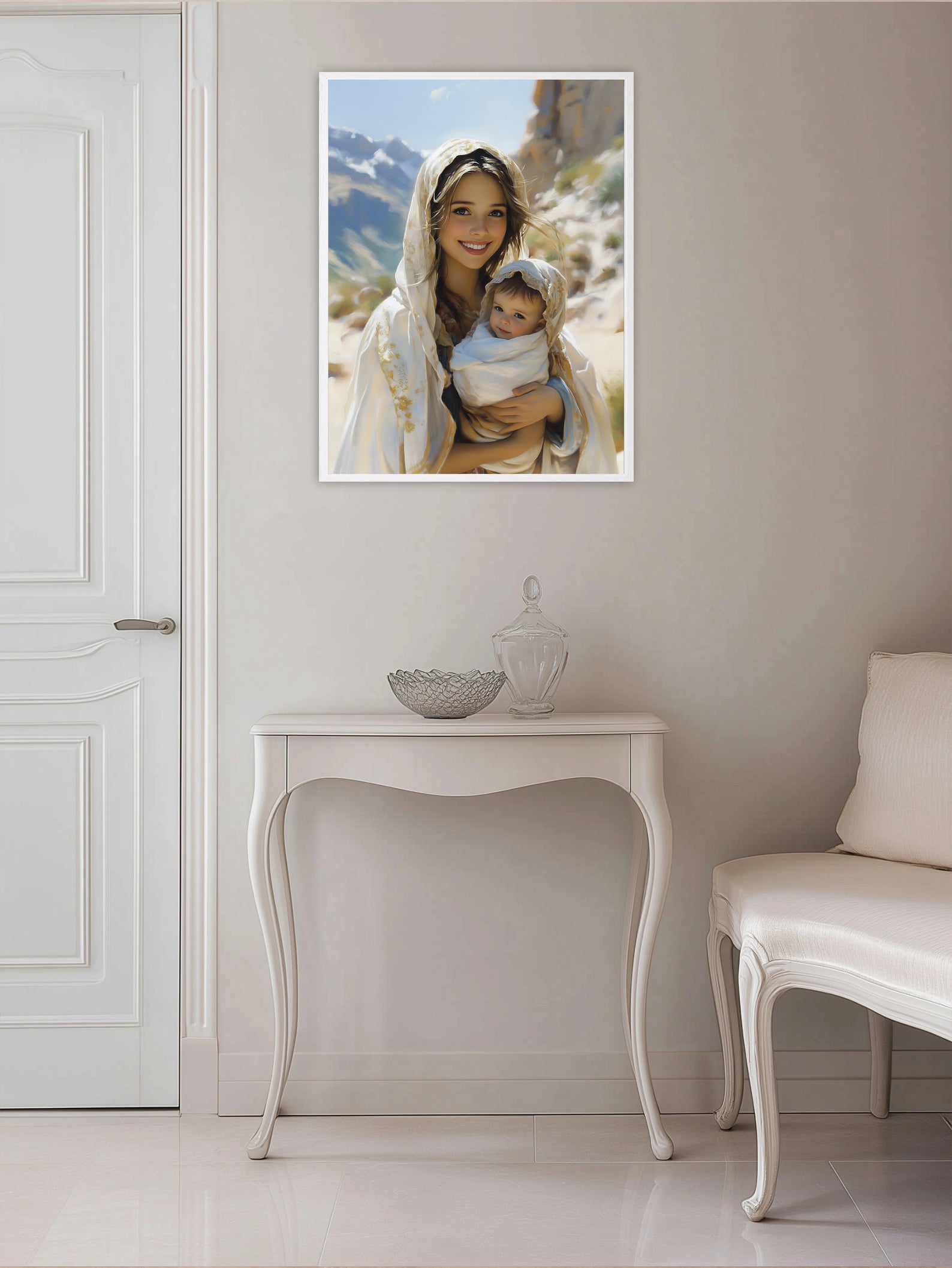 Smiling Virgin Mary with Baby Jesus Art, Catholic Mother Gift, Madonna Digital Print