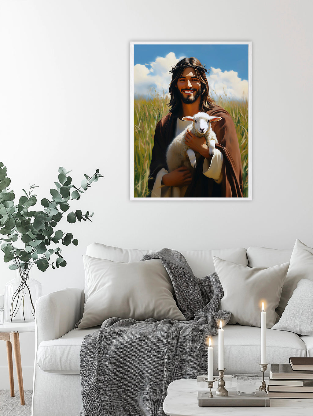 Jesus Holding Lamb Art, Good Shepherd Painting, Christ in Wheat Field, Digital Print