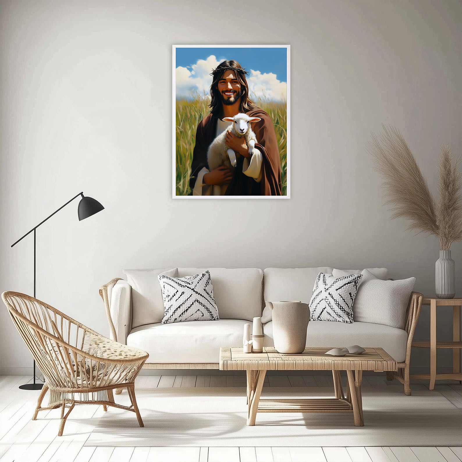 Jesus Holding Lamb Art, Good Shepherd Painting, Christ in Wheat Field, Digital Print