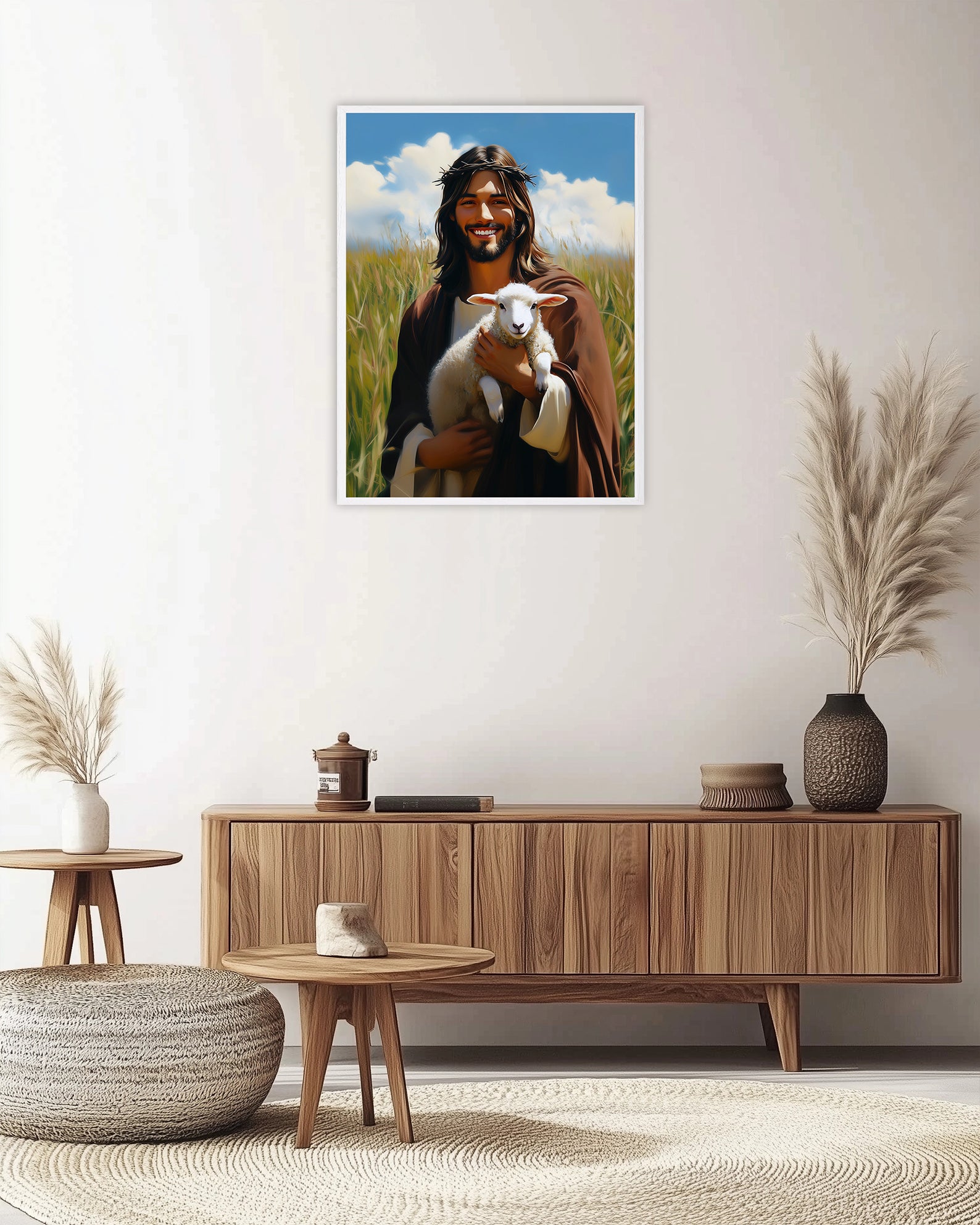Jesus Holding Lamb Art, Good Shepherd Painting, Christ in Wheat Field, Digital Print