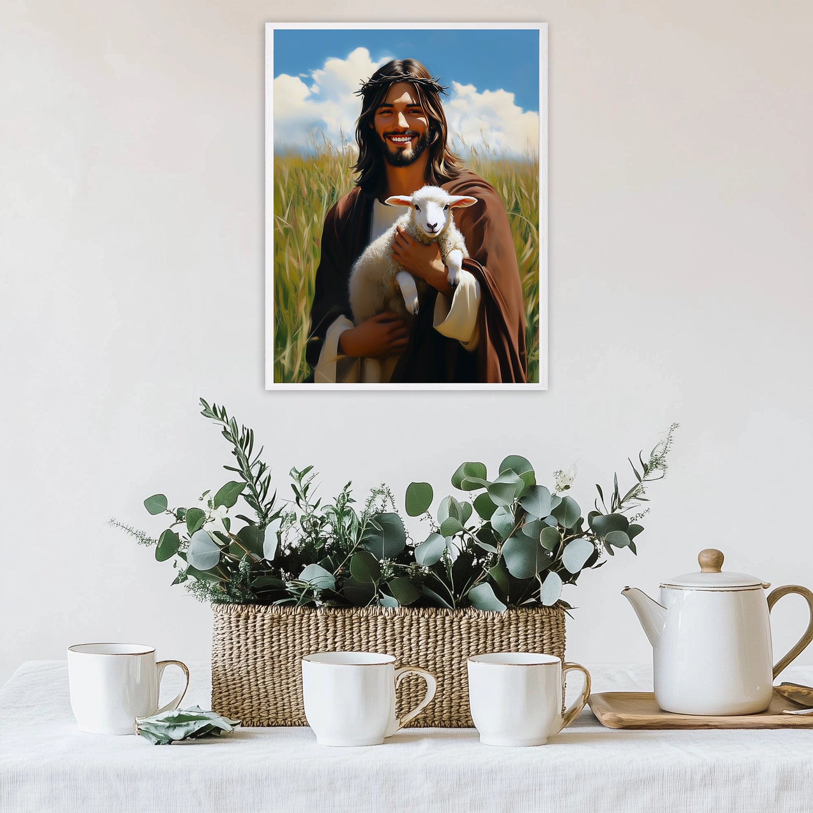 Jesus Holding Lamb Art, Good Shepherd Painting, Christ in Wheat Field, Digital Print
