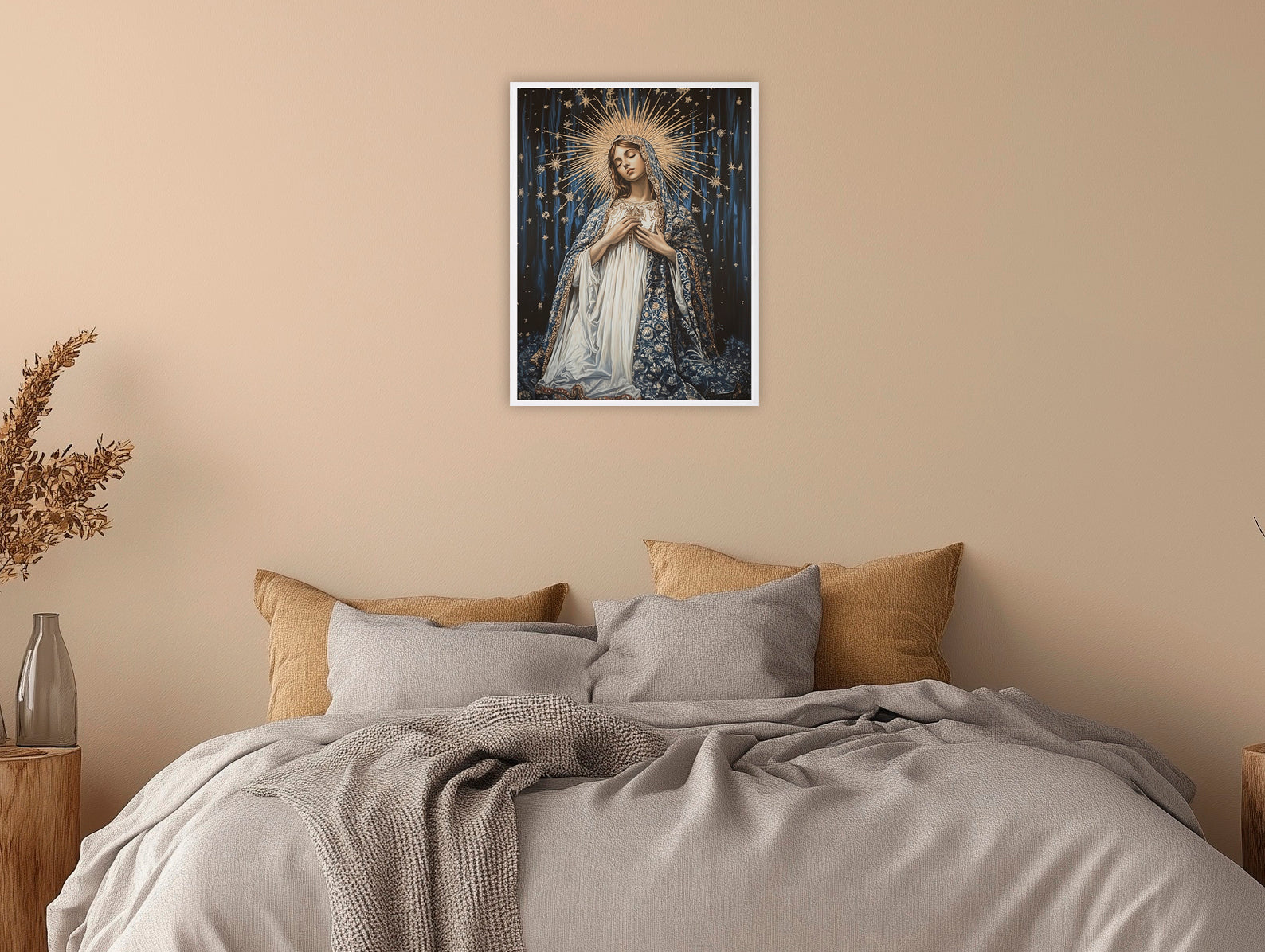 Blessed Mother Mary with Golden Halo Art, Virgin Mary Star of the Sea Print