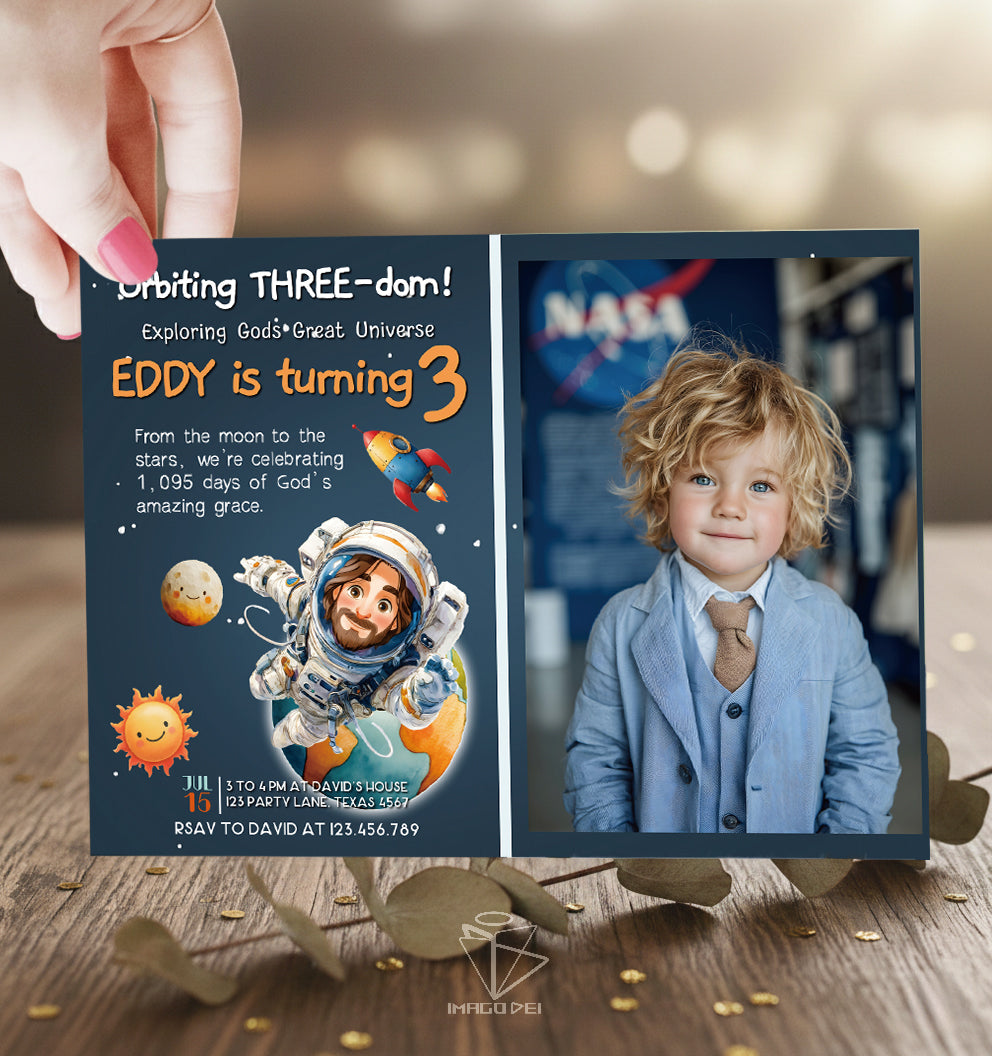 Space Astronaut Jesus Birthday Card, Galaxy Kids Gift, Rocket Adventure (Printable Digital Template 0025)