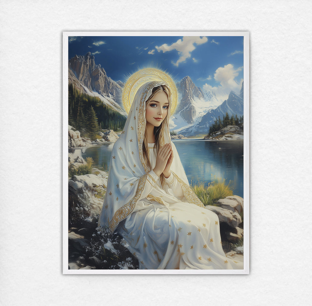 Virgin Mary by Mountain Lake Painting, Catholic Landscape Art, Blessed Mother Poster