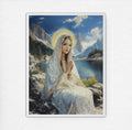 Virgin Mary by Mountain Lake Painting, Catholic Landscape Art, Blessed Mother Poster