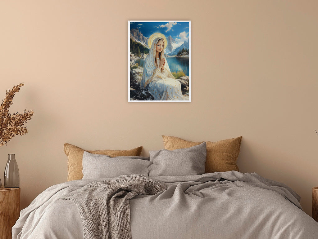 Virgin Mary by Mountain Lake Painting, Catholic Landscape Art, Blessed Mother Poster