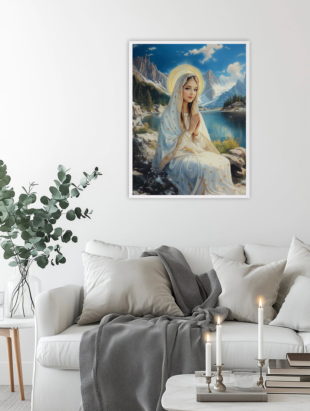 Virgin Mary by Mountain Lake Painting, Catholic Landscape Art, Blessed Mother Poster