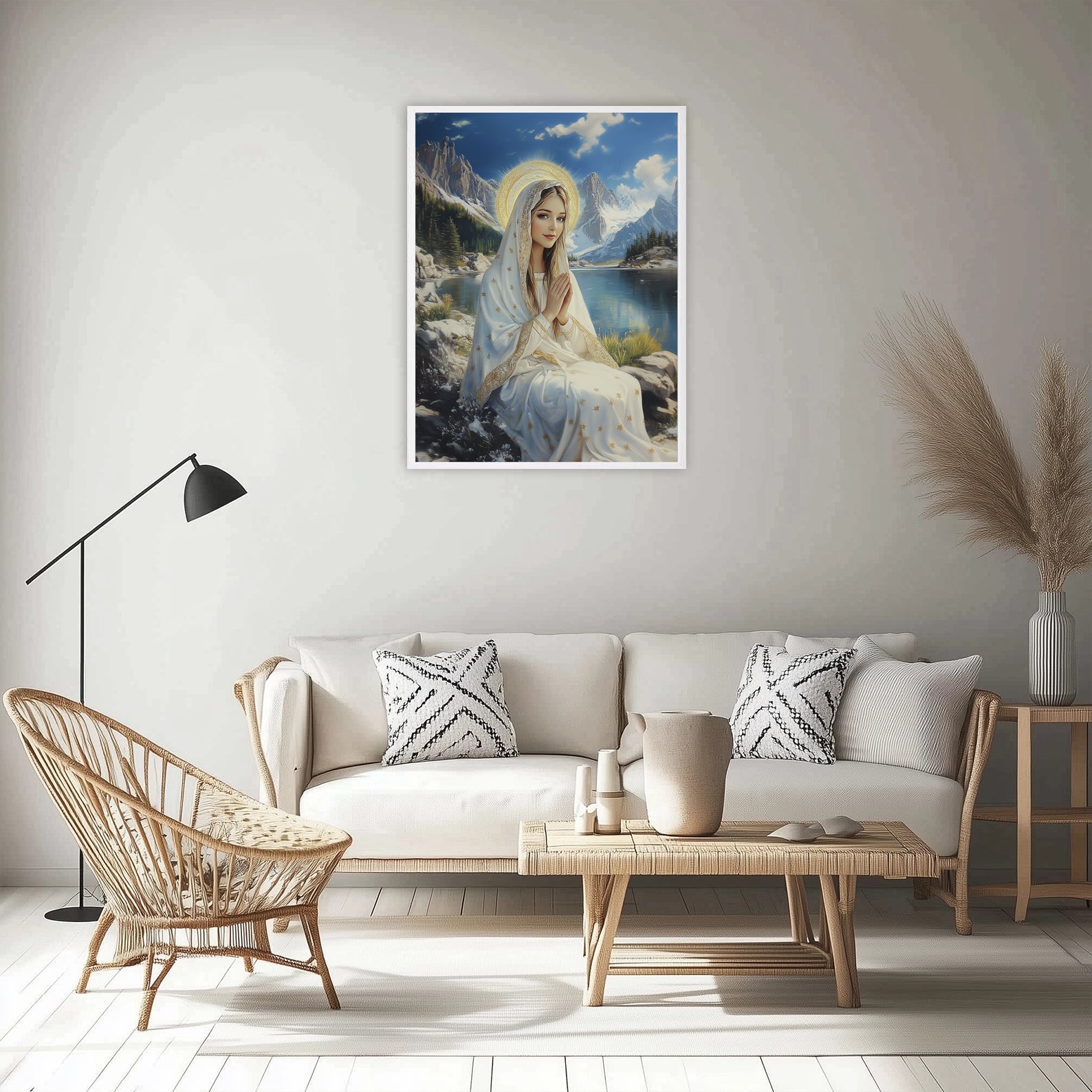 Virgin Mary by Mountain Lake Painting, Catholic Landscape Art, Blessed Mother Poster
