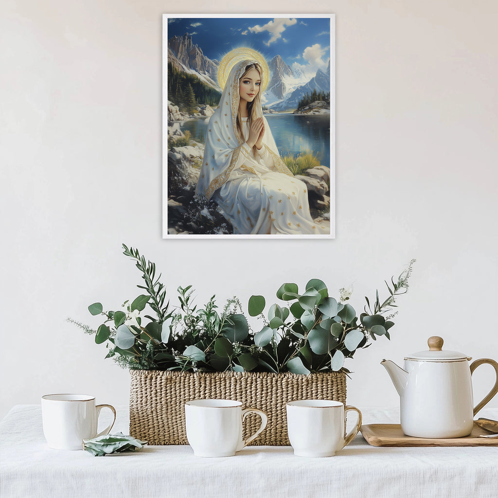 Virgin Mary by Mountain Lake Painting, Catholic Landscape Art, Blessed Mother Poster