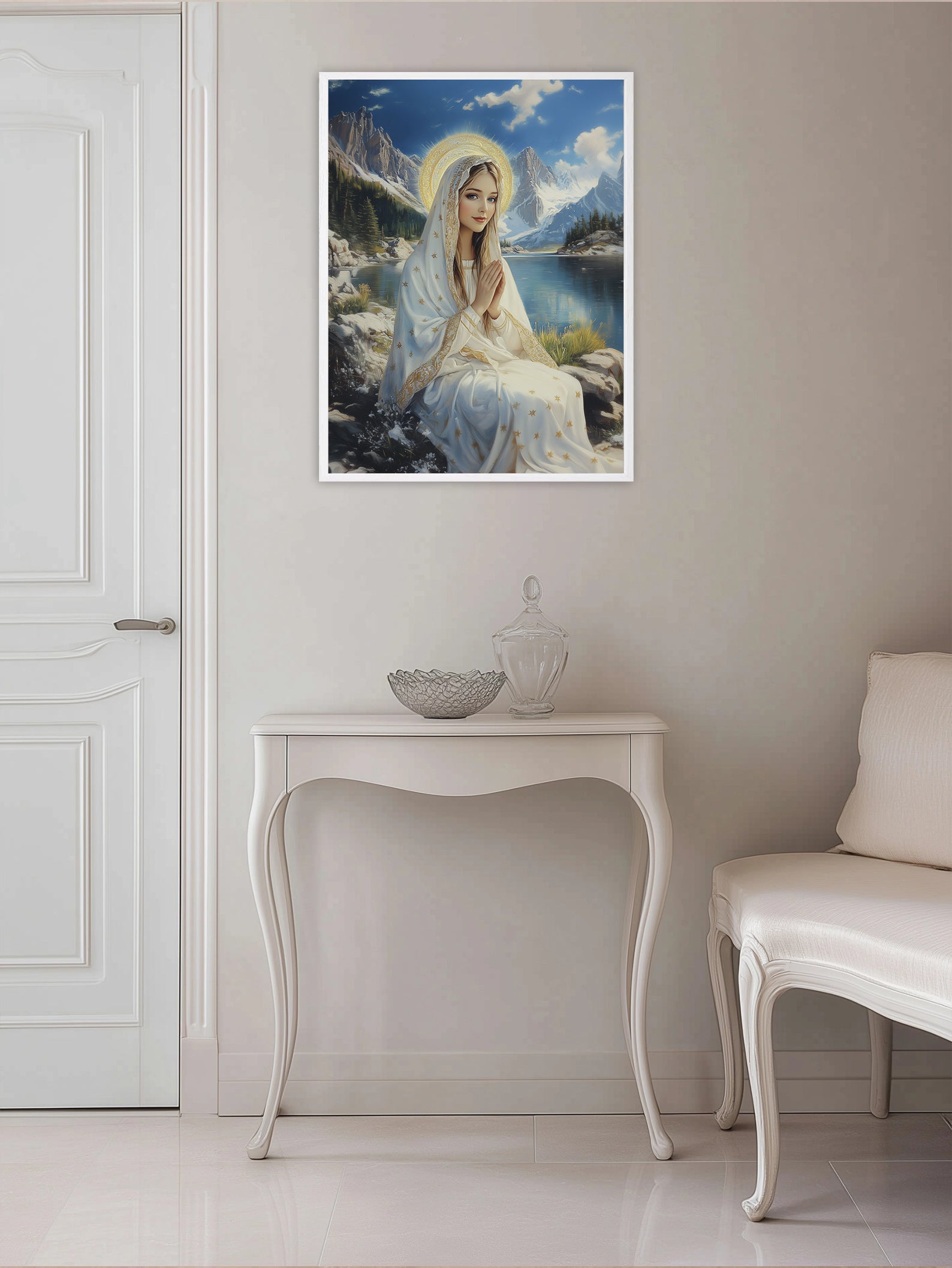 Virgin Mary by Mountain Lake Painting, Catholic Landscape Art, Blessed Mother Poster