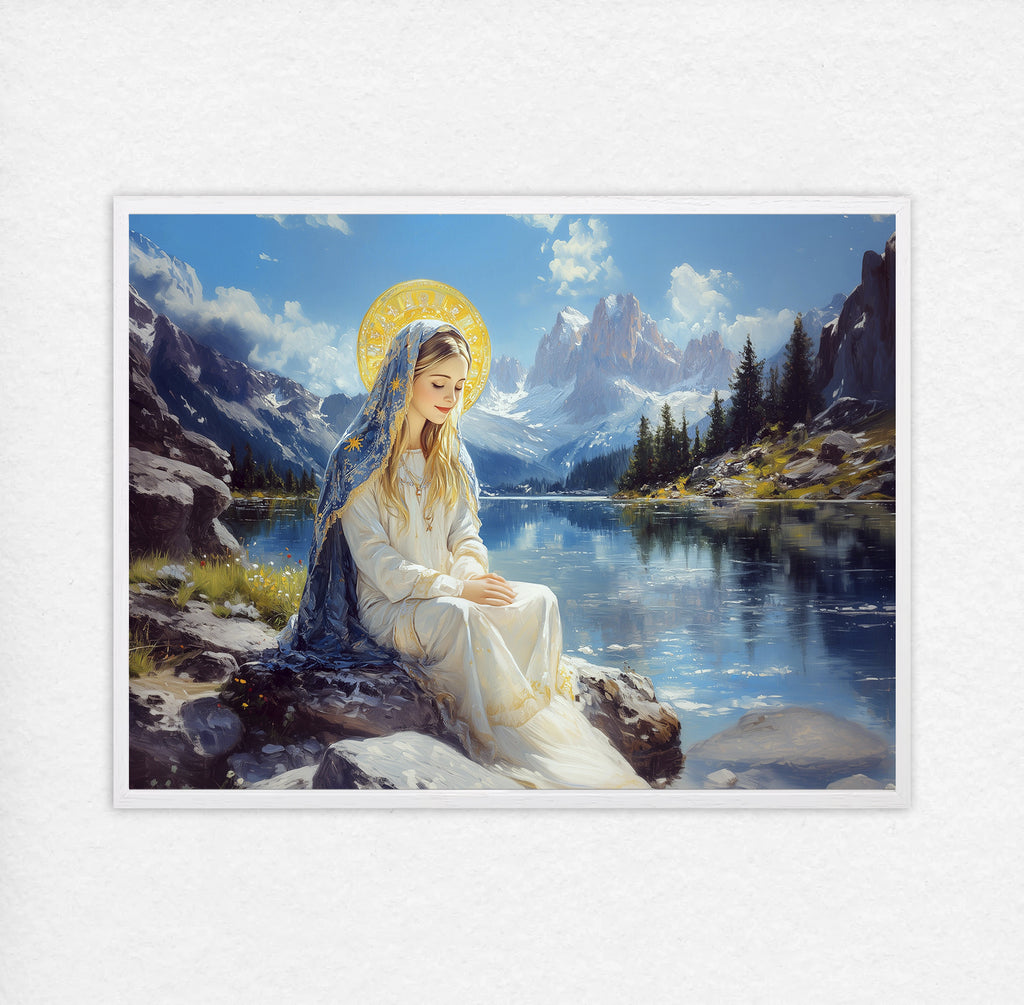 Panoramic Virgin Mary Lake Painting, Catholic Mountain Landscape Art, Blessed Mother Print