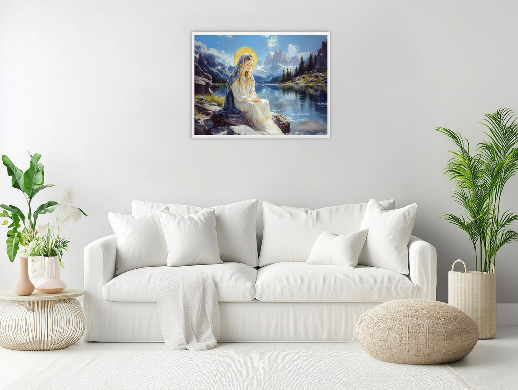 Panoramic Virgin Mary Lake Painting, Catholic Mountain Landscape Art, Blessed Mother Print