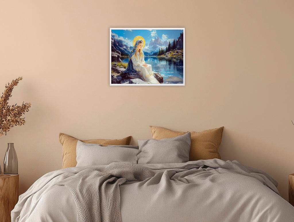 Panoramic Virgin Mary Lake Painting, Catholic Mountain Landscape Art, Blessed Mother Print