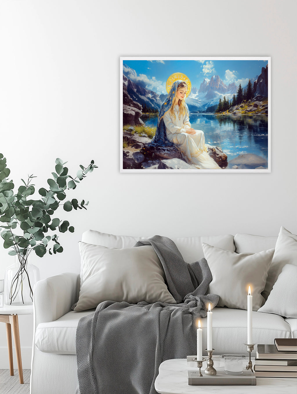 Panoramic Virgin Mary Lake Painting, Catholic Mountain Landscape Art, Blessed Mother Print