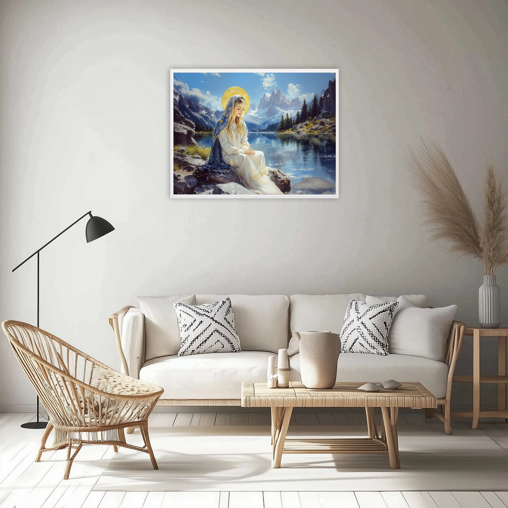 Panoramic Virgin Mary Lake Painting, Catholic Mountain Landscape Art, Blessed Mother Print