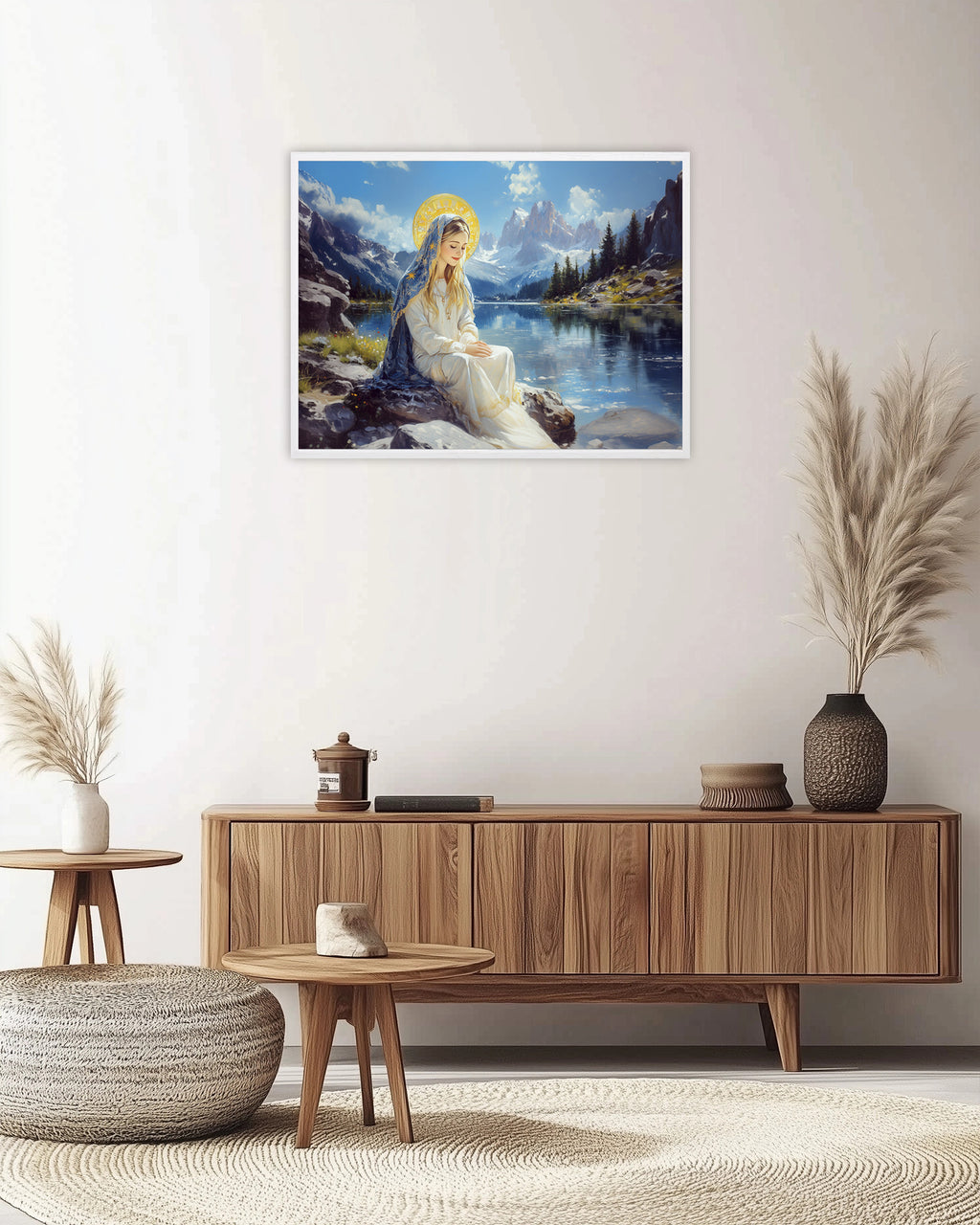 Panoramic Virgin Mary Lake Painting, Catholic Mountain Landscape Art, Blessed Mother Print