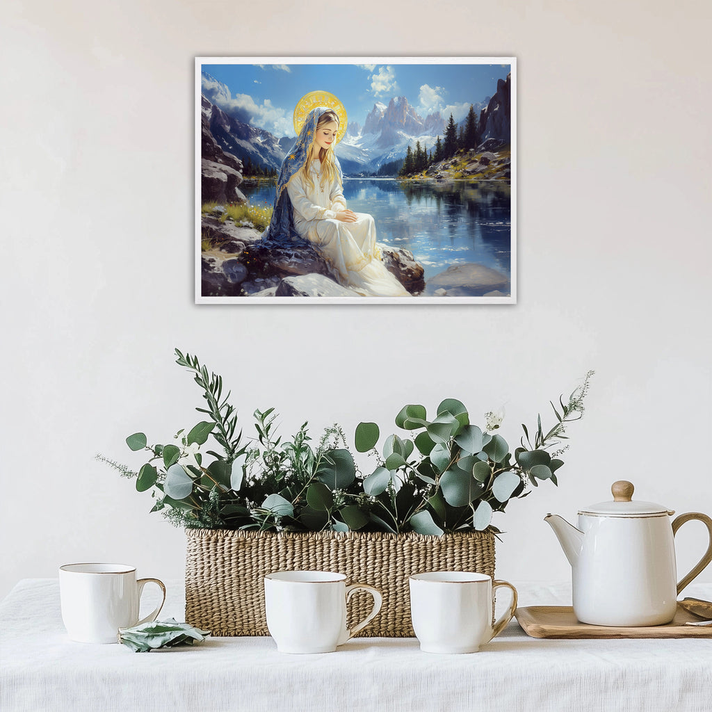 Panoramic Virgin Mary Lake Painting, Catholic Mountain Landscape Art, Blessed Mother Print
