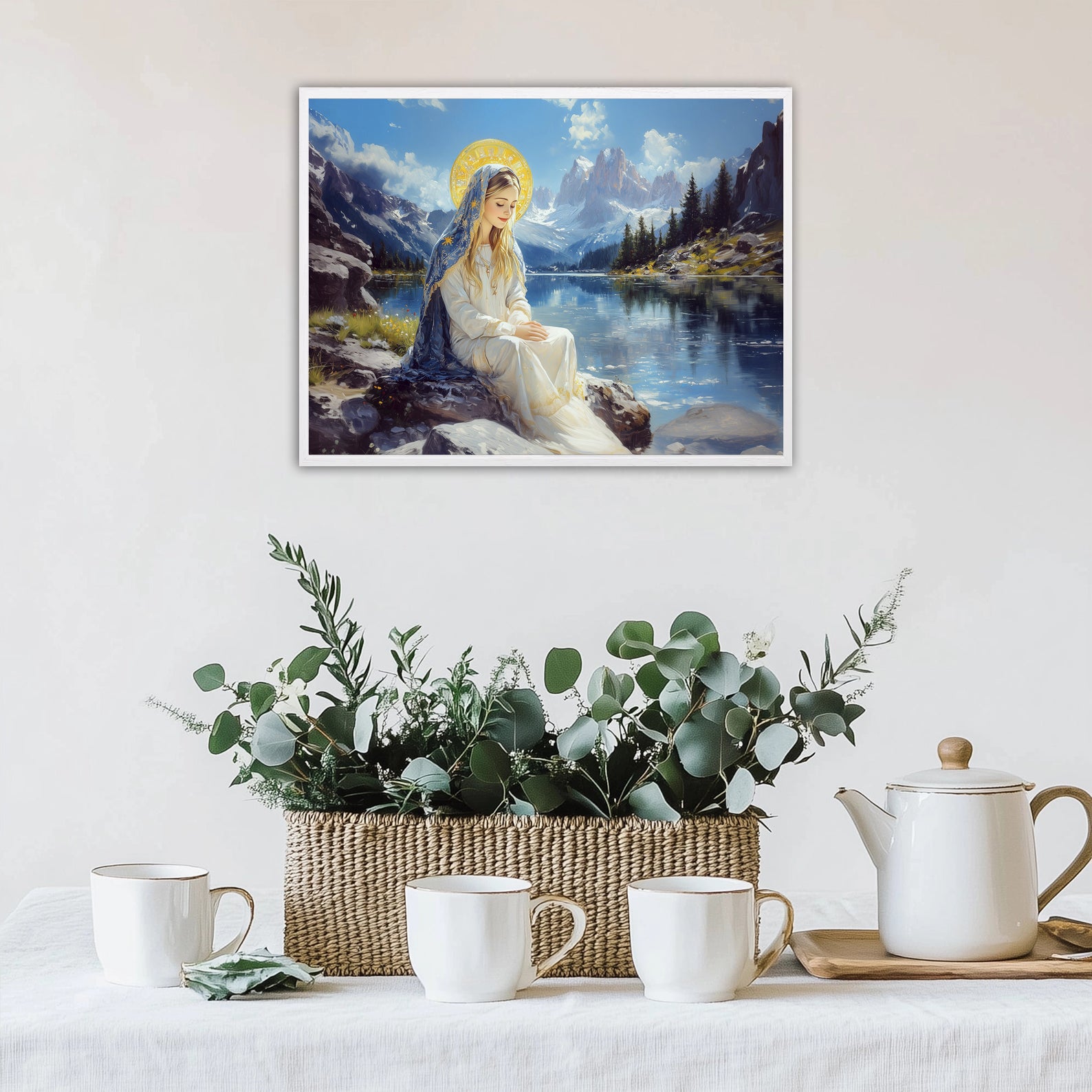 Panoramic Virgin Mary Lake Painting, Catholic Mountain Landscape Art, Blessed Mother Print