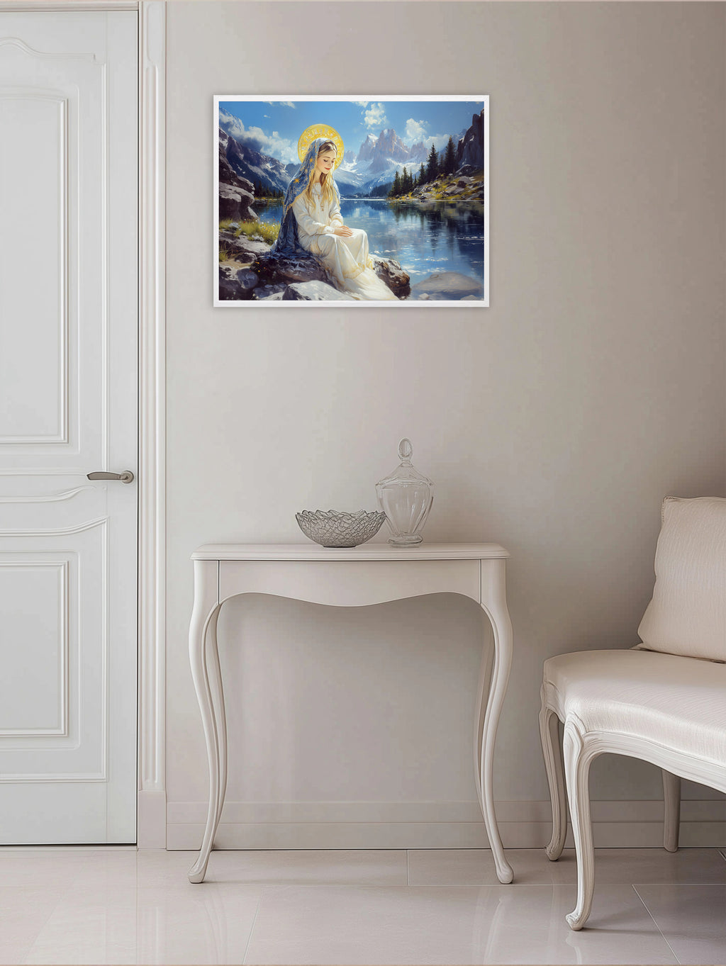 Panoramic Virgin Mary Lake Painting, Catholic Mountain Landscape Art, Blessed Mother Print