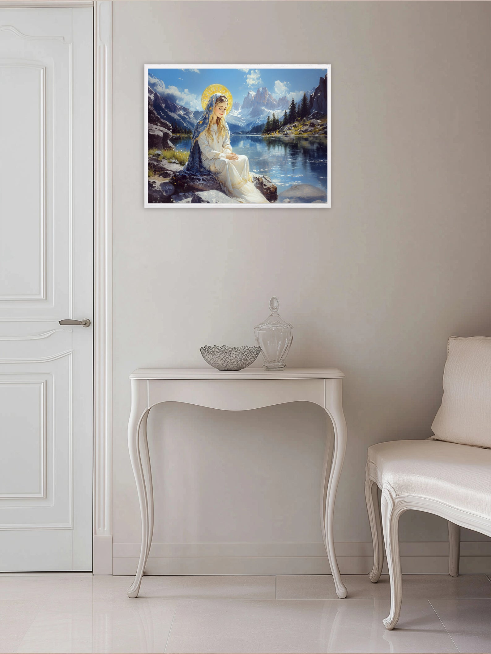 Panoramic Virgin Mary Lake Painting, Catholic Mountain Landscape Art, Blessed Mother Print