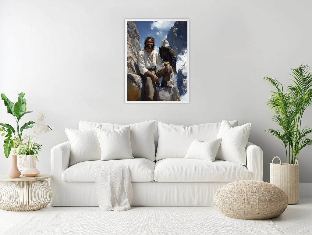 Jesus with Bald Eagle Art, Smiling Christ Mountain Painting, Patriotic Christian Gift