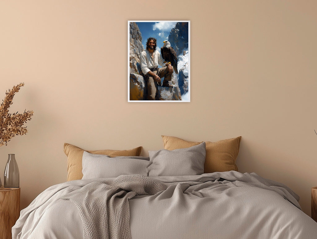 Jesus with Bald Eagle Art, Smiling Christ Mountain Painting, Patriotic Christian Gift