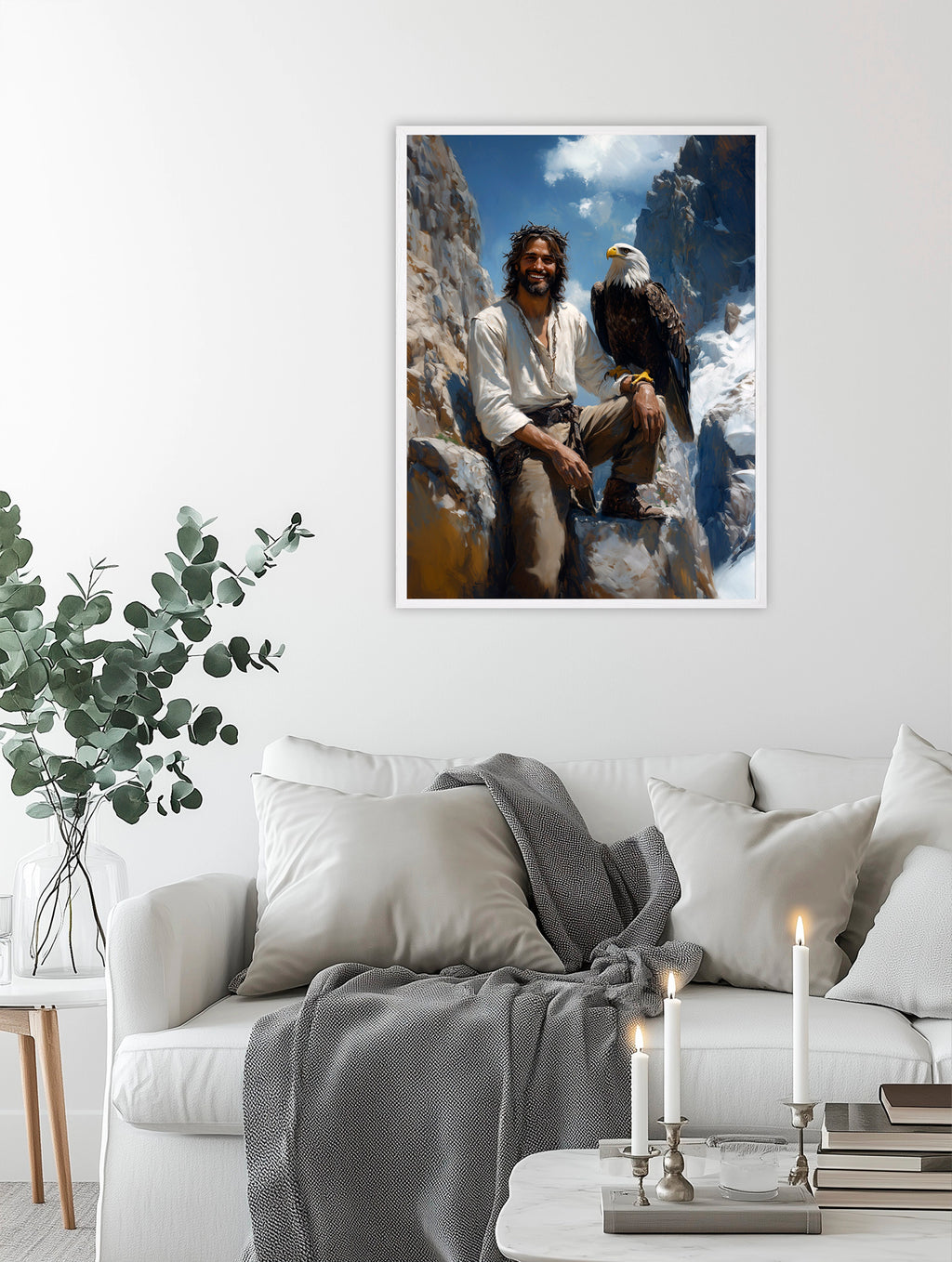 Jesus with Bald Eagle Art, Smiling Christ Mountain Painting, Patriotic Christian Gift