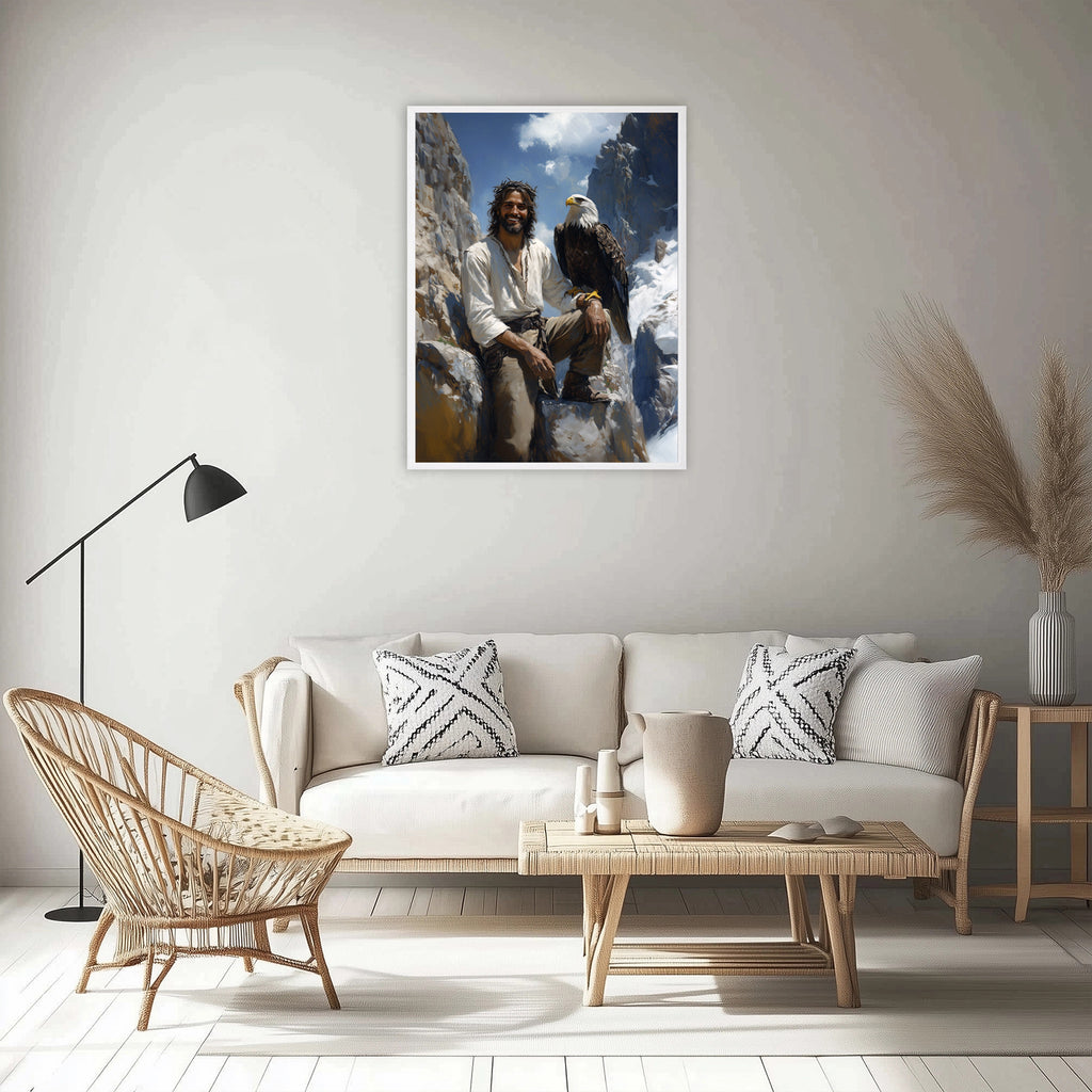 Jesus with Bald Eagle Art, Smiling Christ Mountain Painting, Patriotic Christian Gift