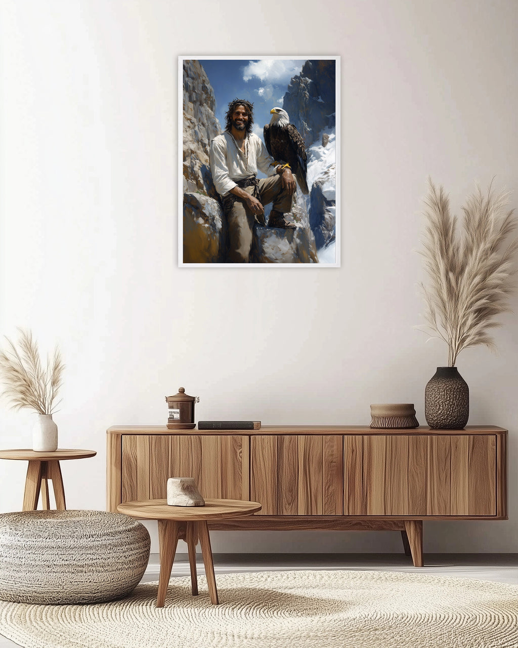 Jesus with Bald Eagle Art, Smiling Christ Mountain Painting, Patriotic Christian Gift
