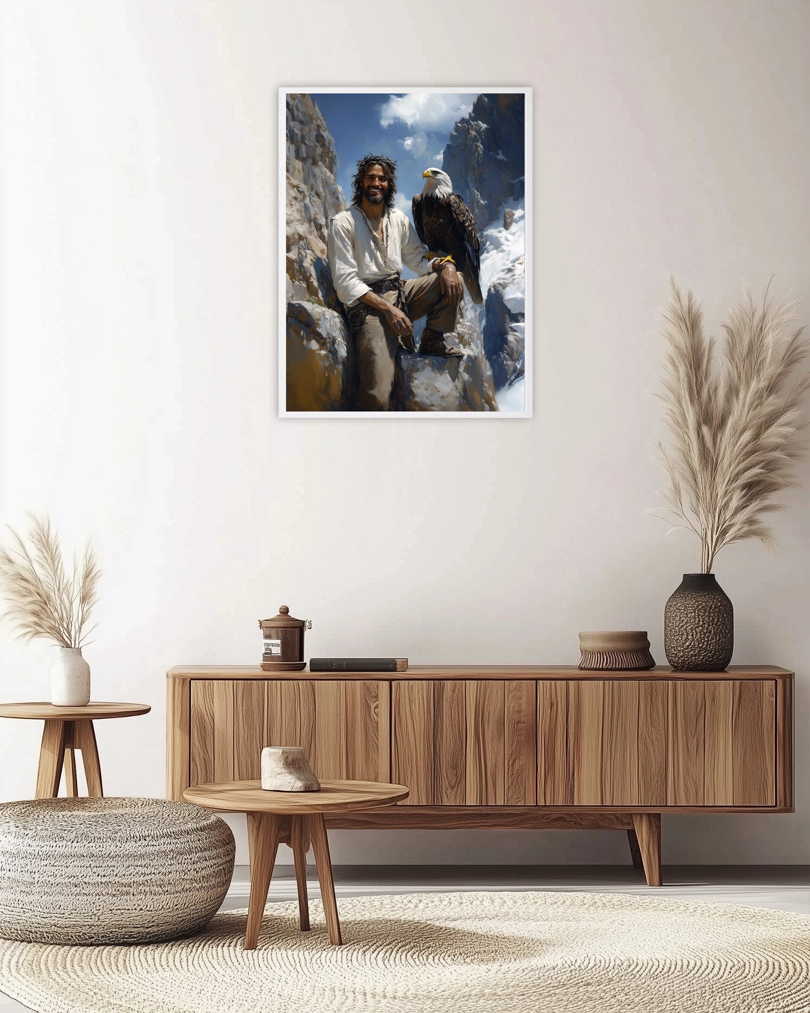 Jesus with Bald Eagle Art, Smiling Christ Mountain Painting, Patriotic Christian Gift