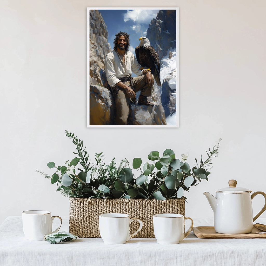 Jesus with Bald Eagle Art, Smiling Christ Mountain Painting, Patriotic Christian Gift
