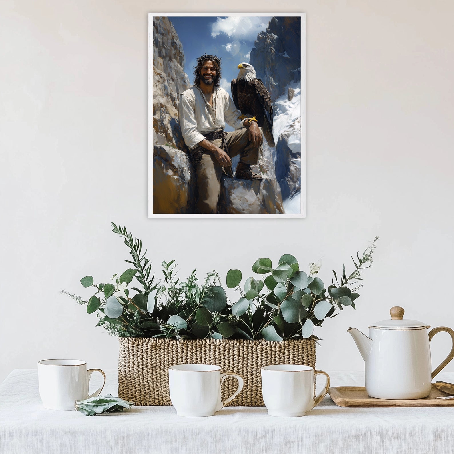 Jesus with Bald Eagle Art, Smiling Christ Mountain Painting, Patriotic Christian Gift