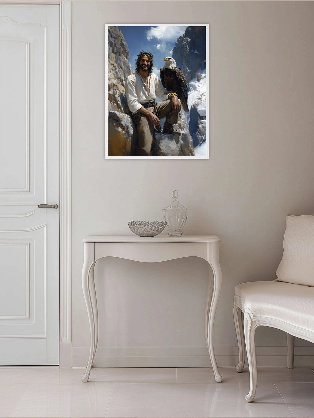 Jesus with Bald Eagle Art, Smiling Christ Mountain Painting, Patriotic Christian Gift