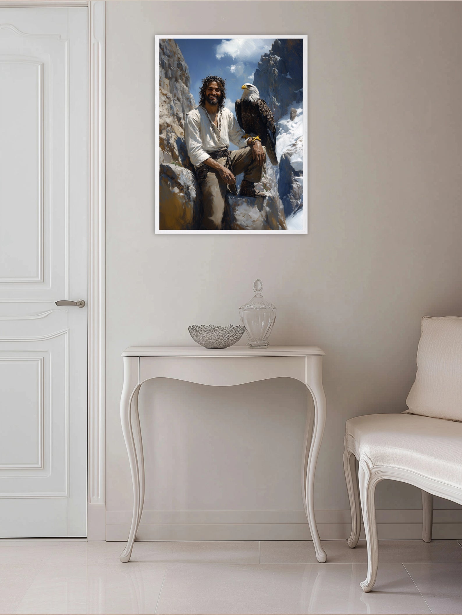Jesus with Bald Eagle Art, Smiling Christ Mountain Painting, Patriotic Christian Gift