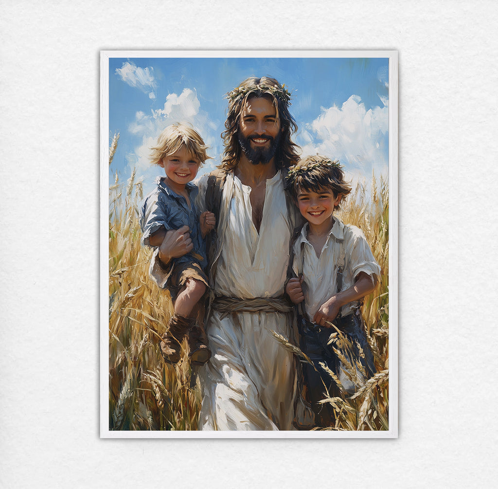 Smiling Jesus with Children Art, Christ in Wheat Field Painting, Christian Kids Decor