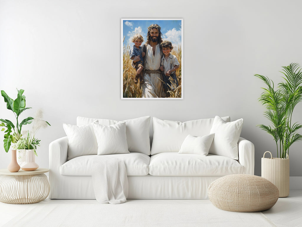 Smiling Jesus with Children Art, Christ in Wheat Field Painting, Christian Kids Decor